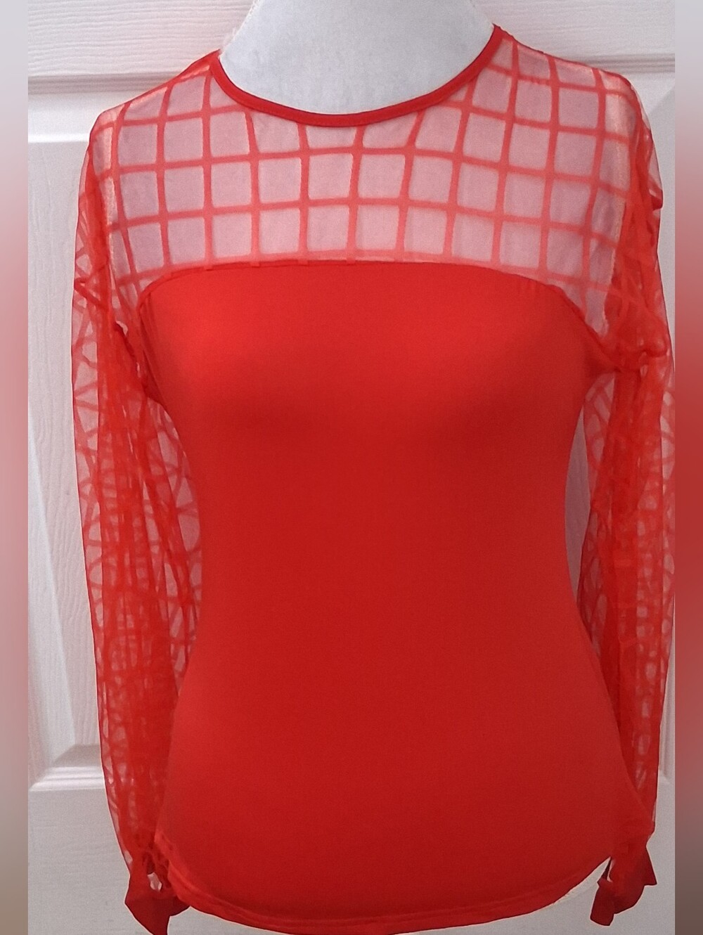 Chicme  Red Sheer Window Pane  Long Sleeve Top  Size L